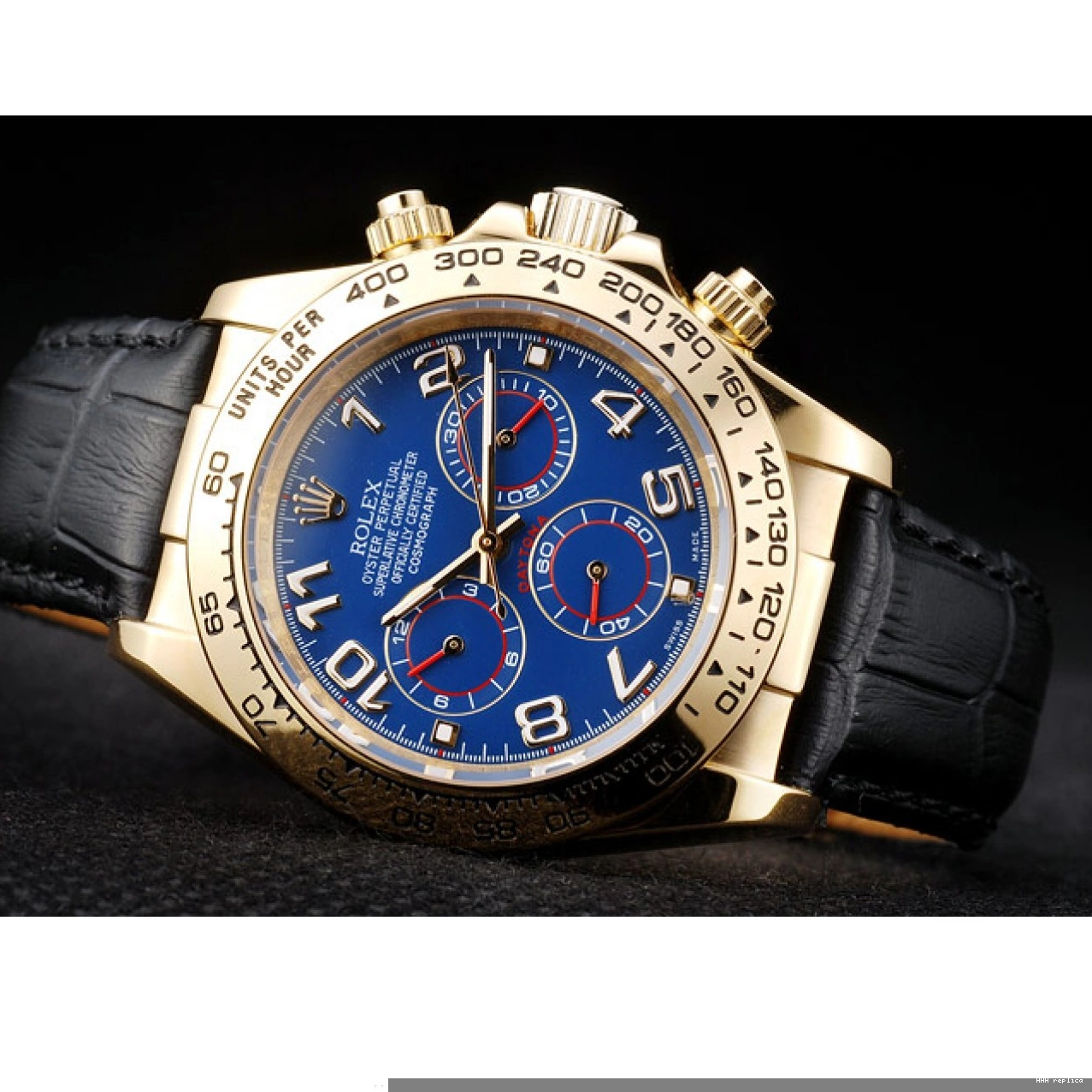 Aaa replica watch Gold Rolex Case Daytona Dial Leather Black Strap Blue 0701